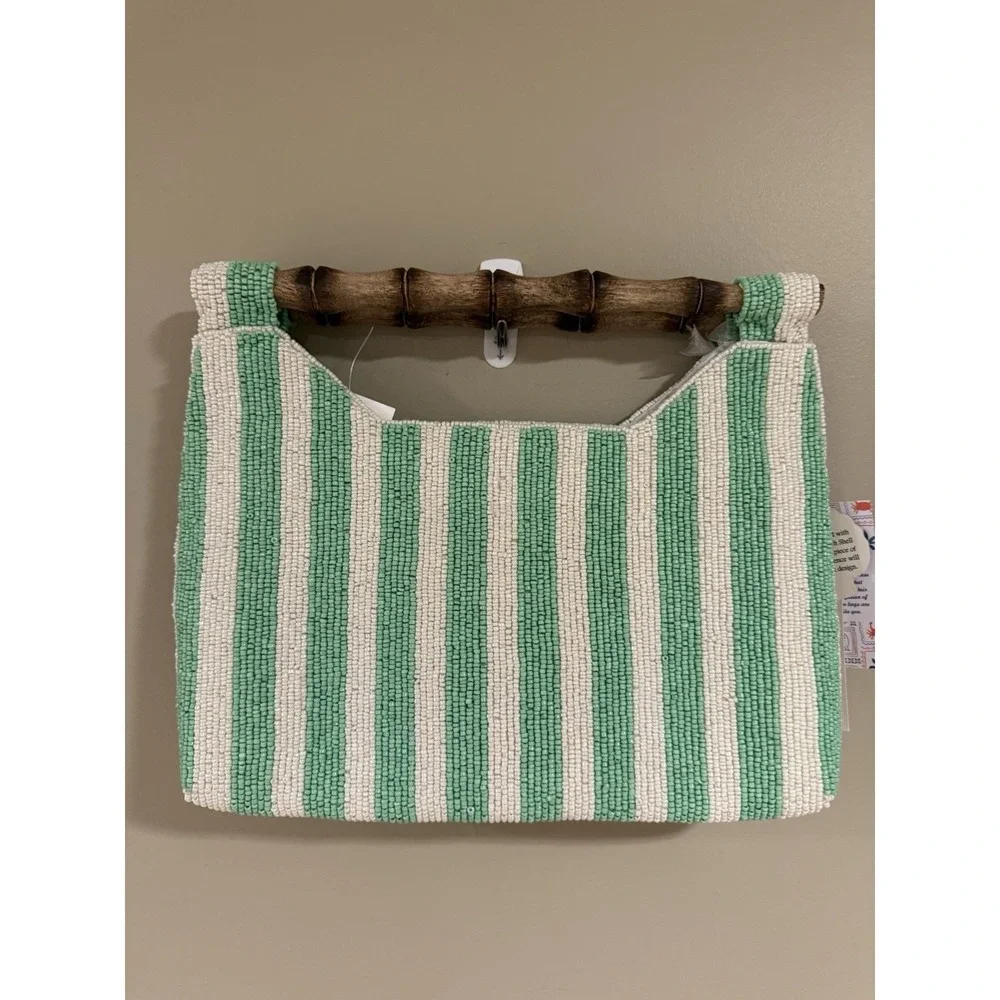 NEW RELEASE Made In India Beaded Sea Coral Green White Striped Bamboo Clutch NWT